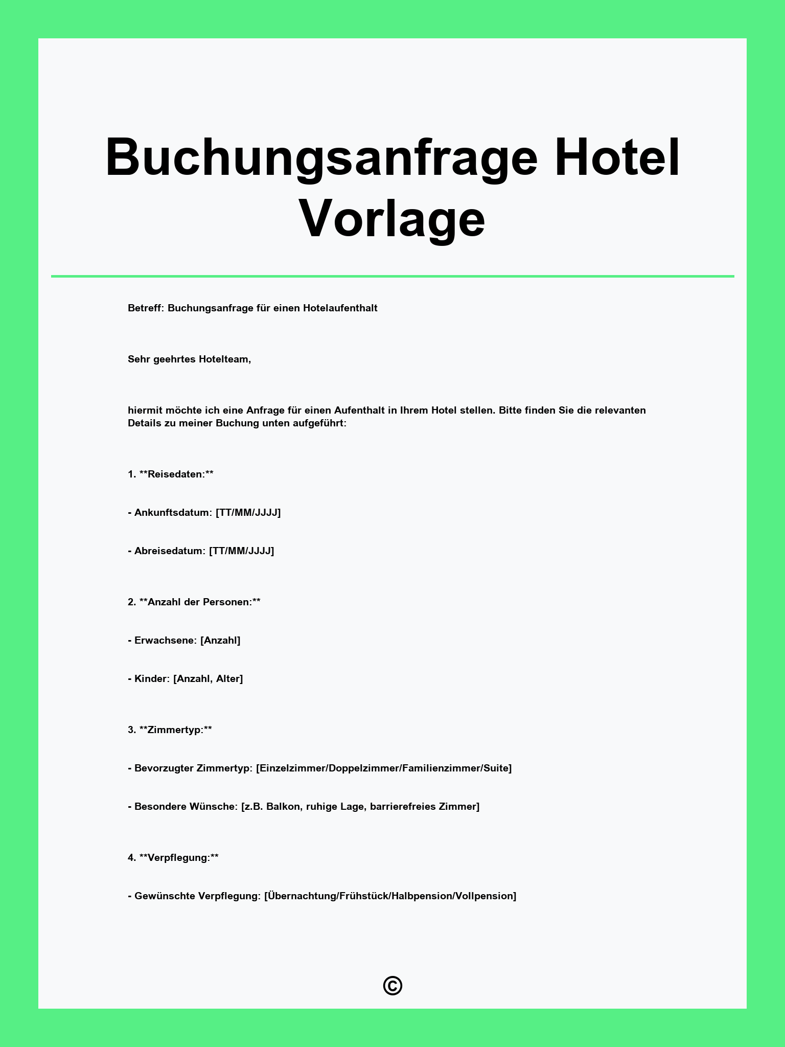 Buchungsanfrage Hotel Vorlage