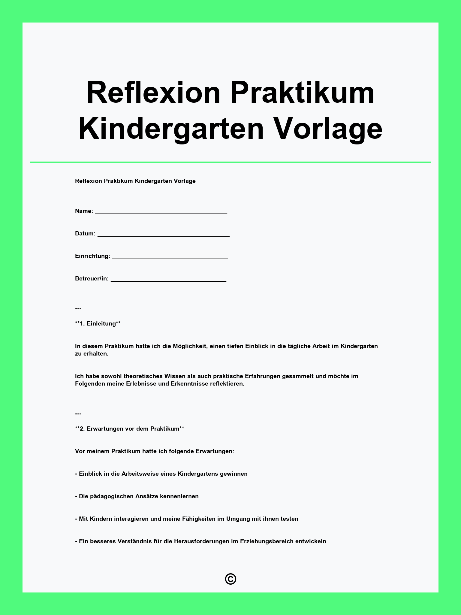 Reflexion Praktikum Kindergarten Vorlage
