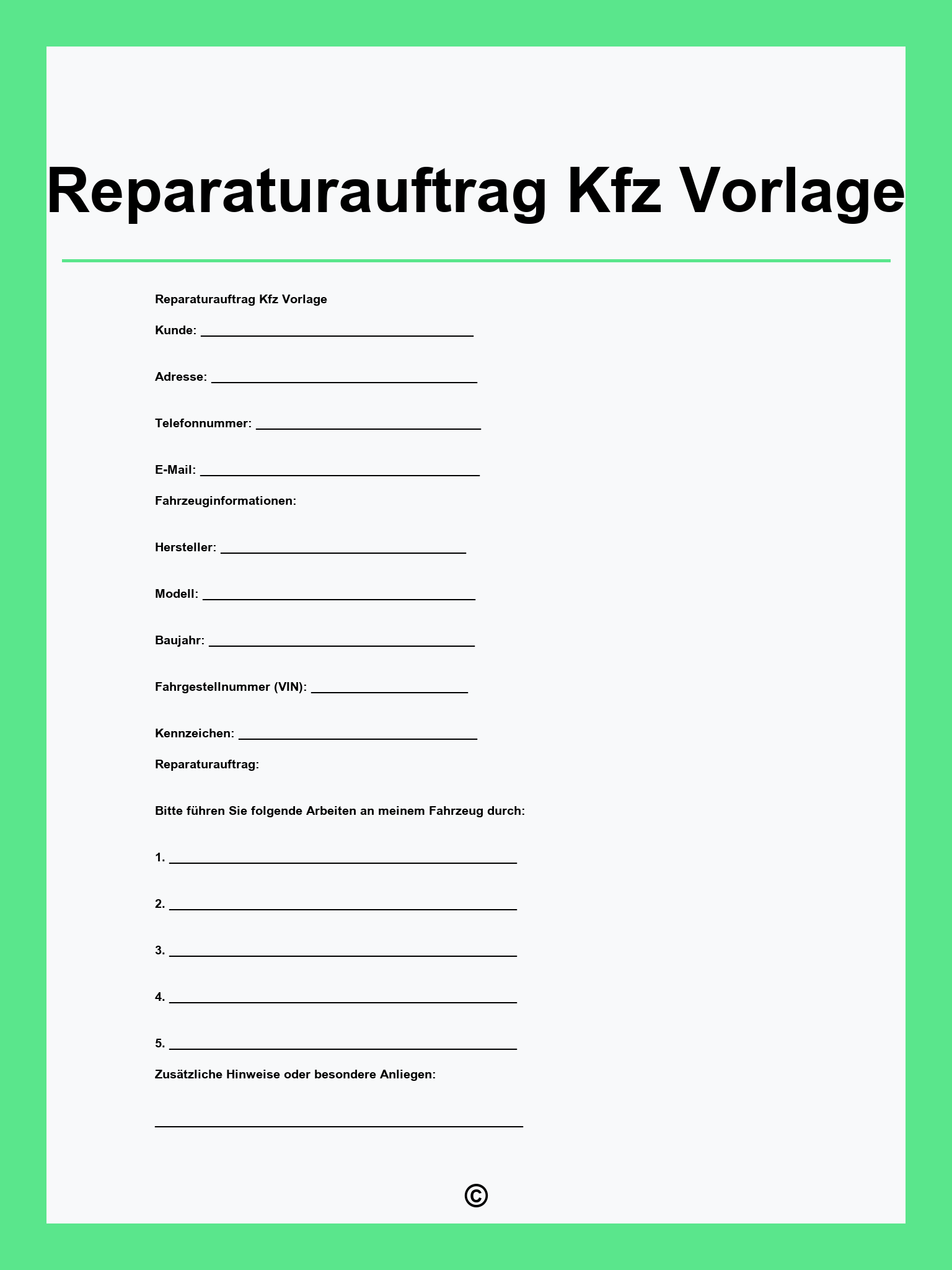Reparaturauftrag Kfz Vorlage