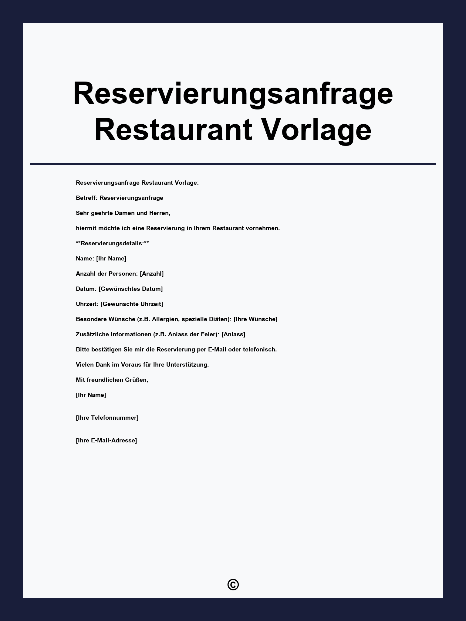 Reservierungsanfrage Restaurant Vorlage