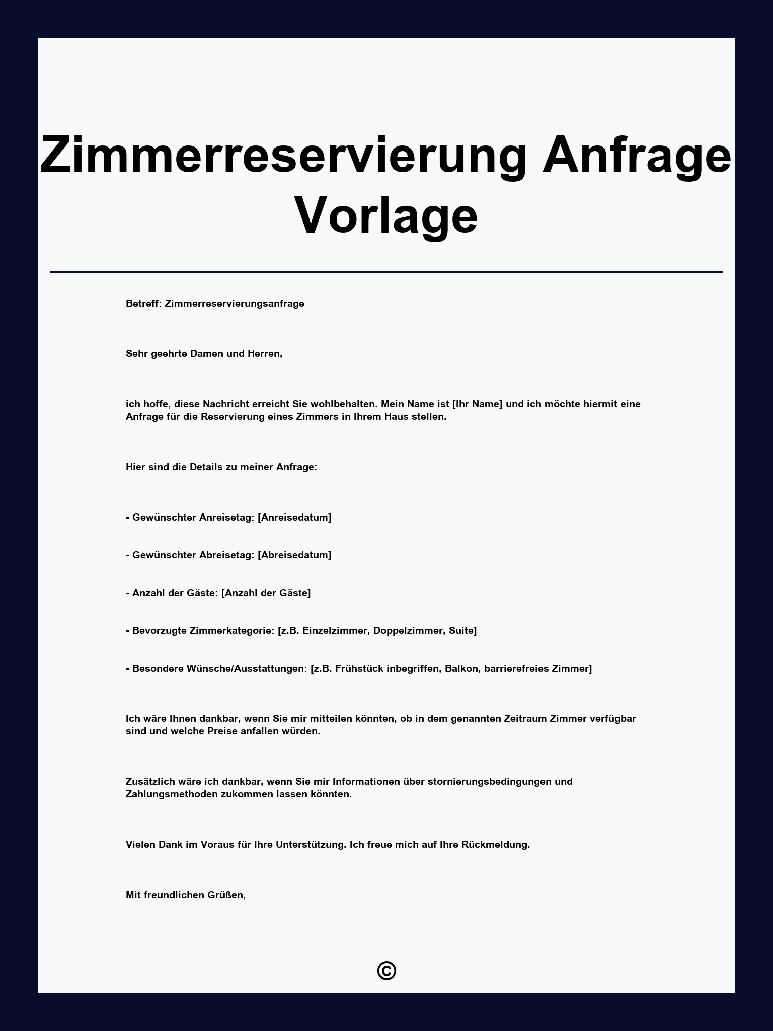 Zimmerreservierung Anfrage Vorlage